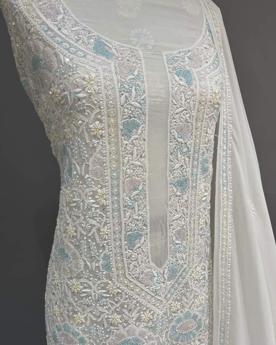 Pure Georgette Chikankari Suit Set - Multicolour