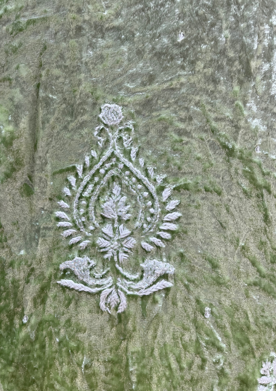 Velvet Chikankari Unstitched Coord Set - Mint Green