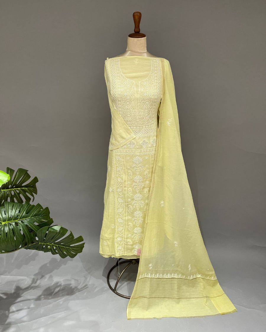 Mul Chanderi Chikankari Unstitched 2pc Suit - Lemon Yellow