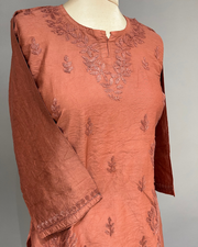 Chanderi Chikankari Short Kurti - Rust Brown