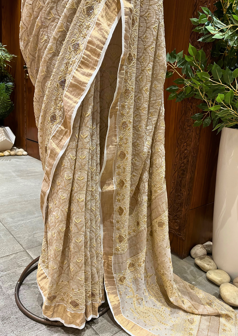 Tissue Chikankari Saree - Natural Gold