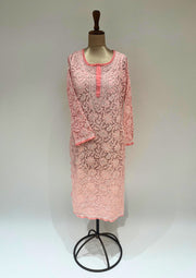 Georgette Chikankari Long Kurti - Peach Fuzz