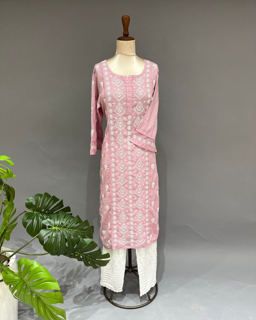 Mul Cotton Chikankari Long Kurti - Rose Pink