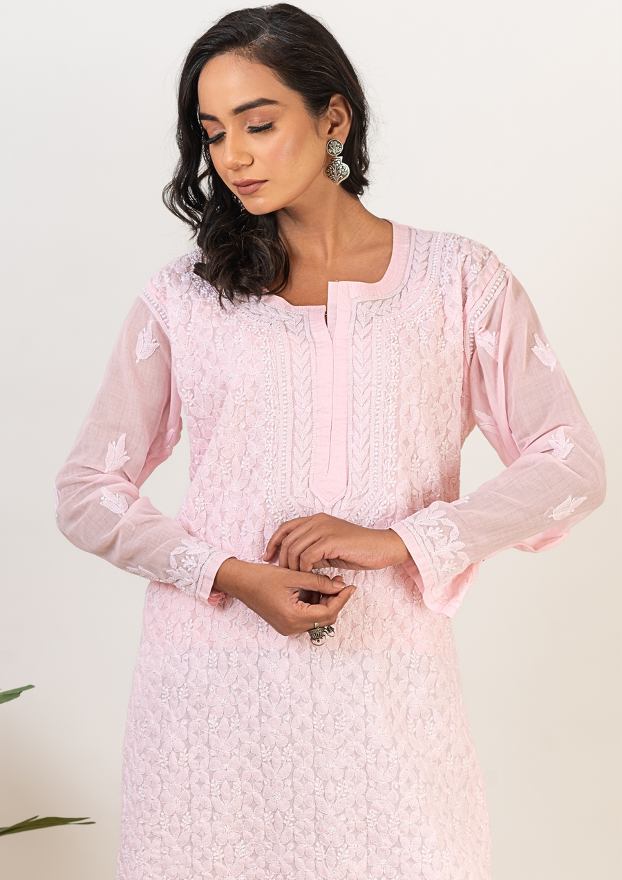 Cotton chikankari long kurti - soft pink