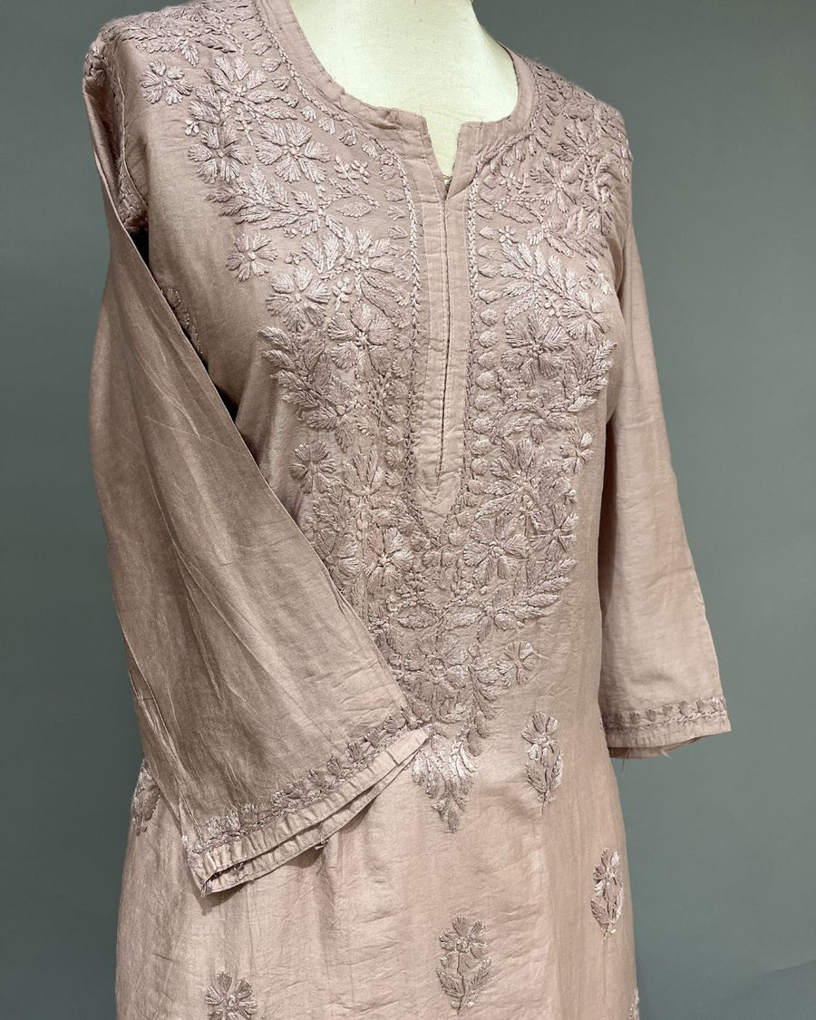 Chanderi Chikankari Long Kurti - Apricot