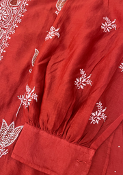 Chikankari Semistitched Chanderi Co-ord Set - Blood Red