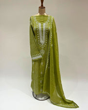 Tissue Chikankari Unstitched Anarkali - Citron Green