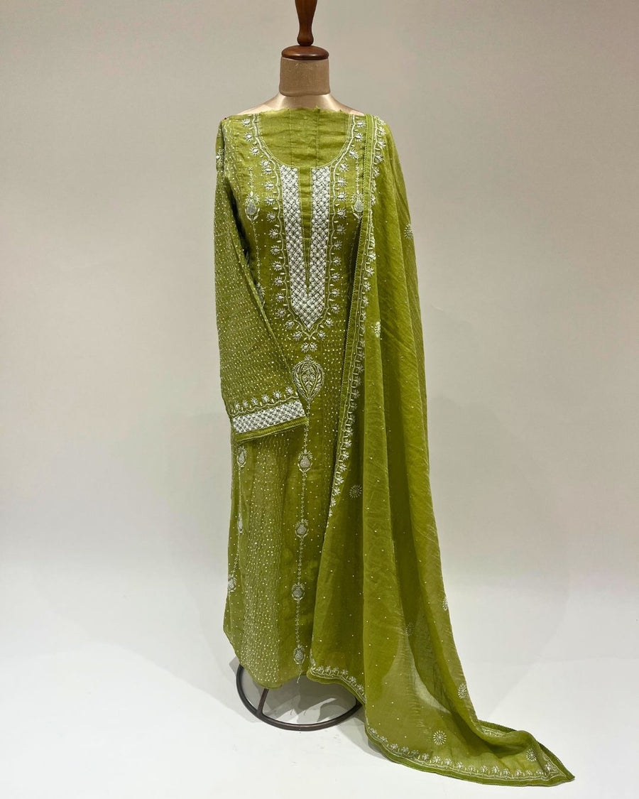 Tissue Chikankari Unstitched Anarkali - Citron Green