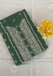 Mul Chanderi Chikankari Unstitched Mens Kurta - Bottle Green