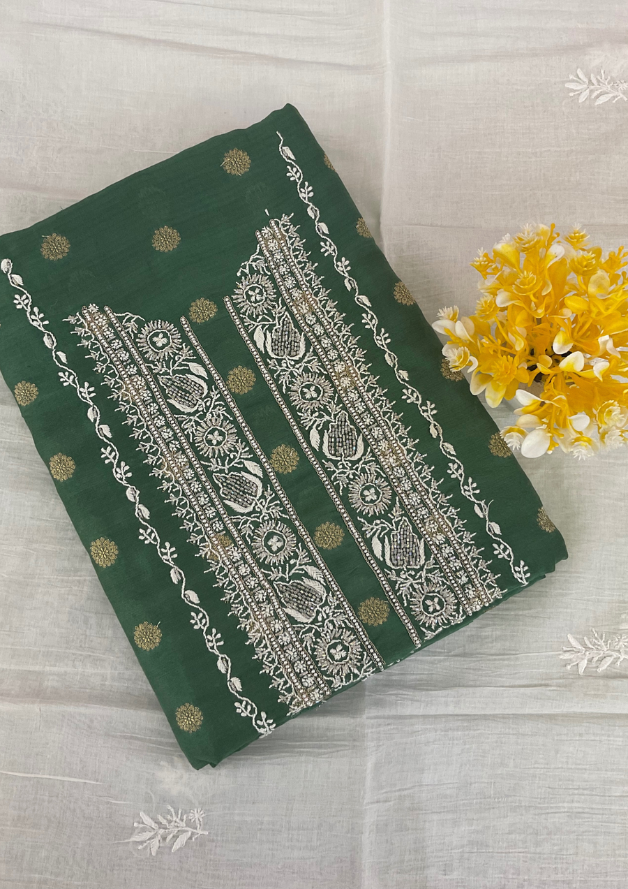 Mul Chanderi Chikankari Unstitched Mens Kurta - Bottle Green