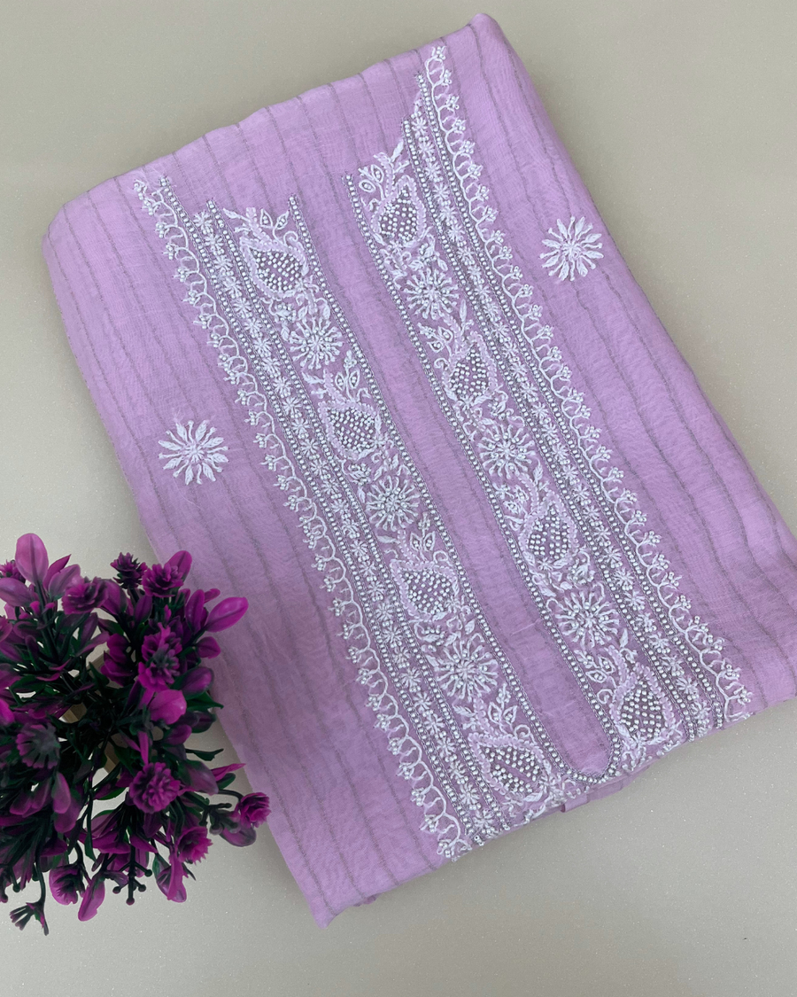 Mul Chanderi Chikankari Unstitched Mens Kurta - Lilac