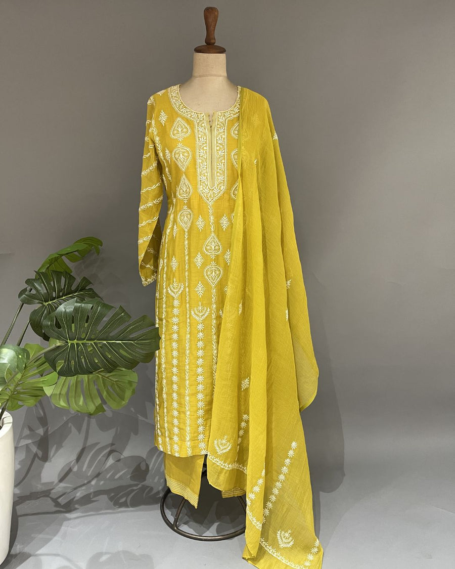 Mul Chanderi Chikankari Stitch 3 pc Suit - Orche Yellow