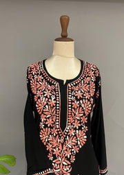 Rayon Chikankari Kurti - Black & Pink
