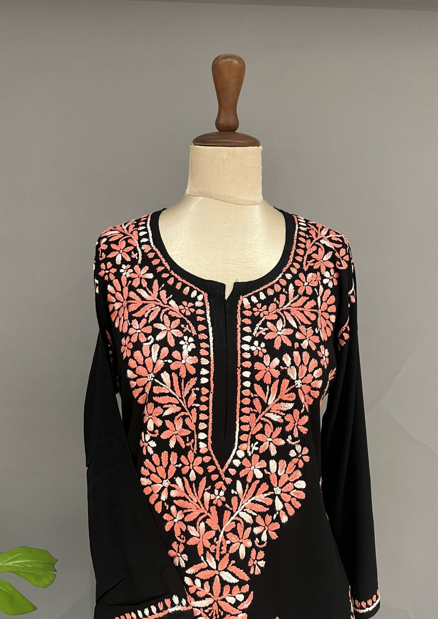 Rayon Chikankari Kurti - Black & Pink