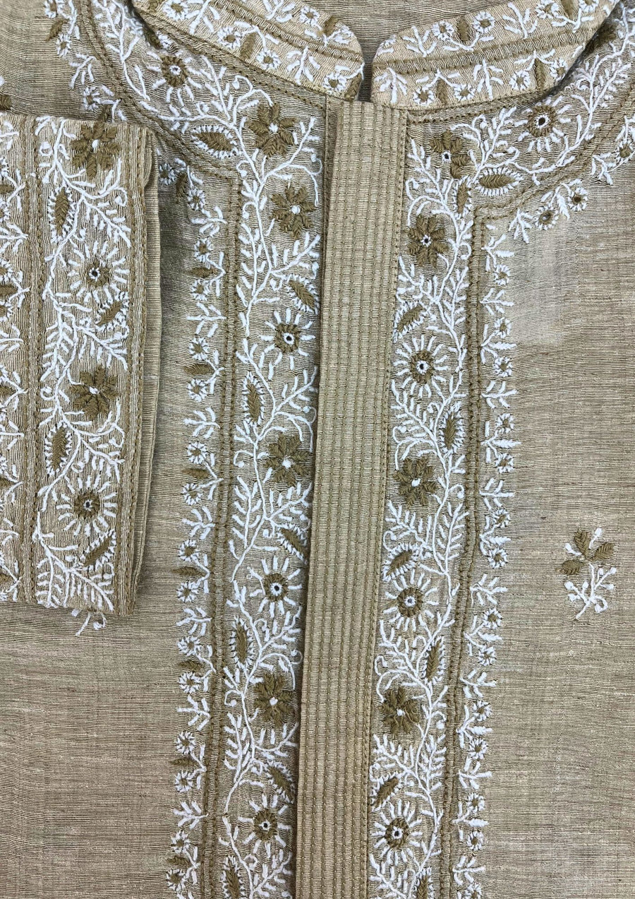 Linen Chikankari Stitched Mens Kurta - Beige