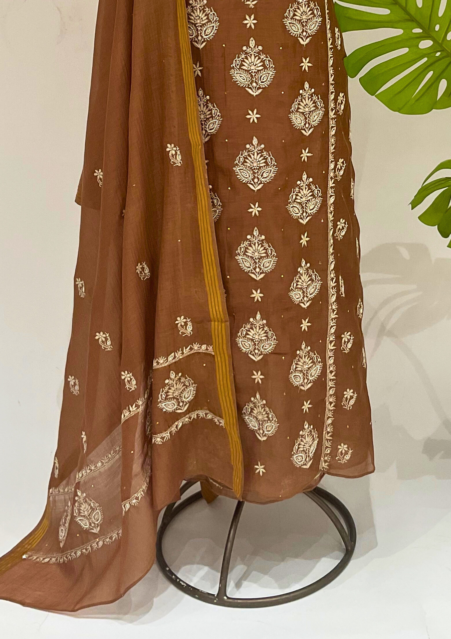 Mul Chanderi Chikankari Unstitched Suit - Brown