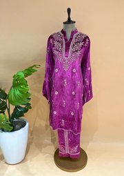 Velvet Chikankari Unstitched Coord Set - Magenta Haze