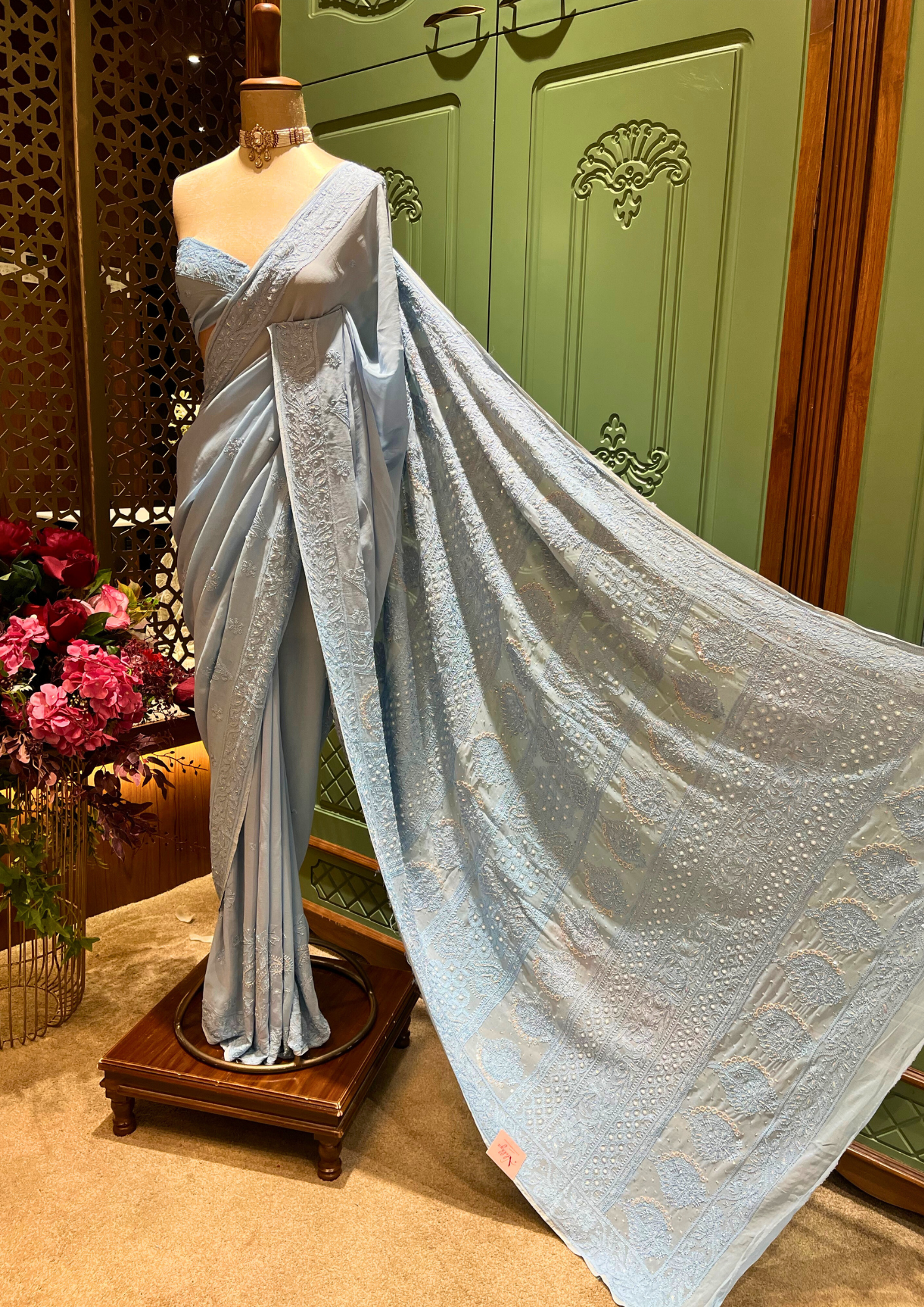 Chikankari Viscose Saree - Powder Blue