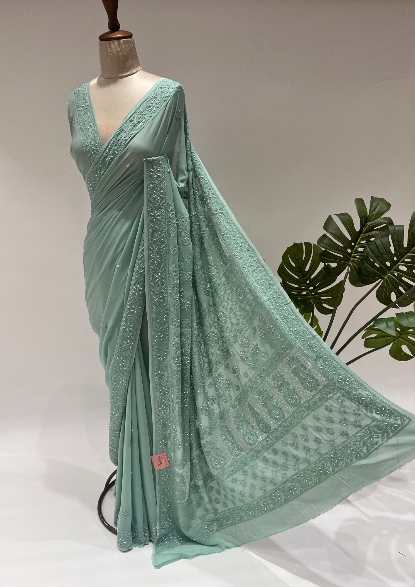 Viscose Chikankari Saree - Teal Green