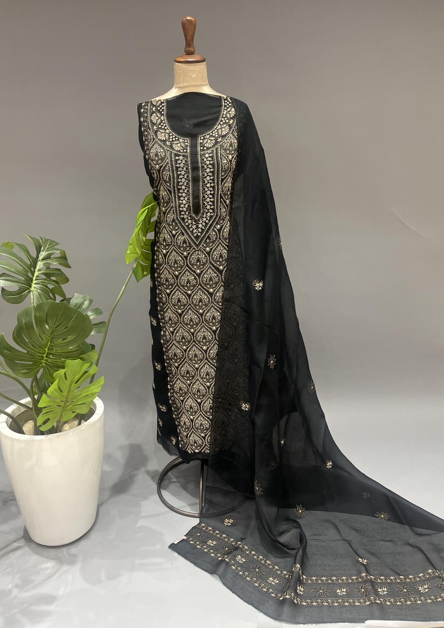 Chikankari Unstitched Organza Suit Set - Black