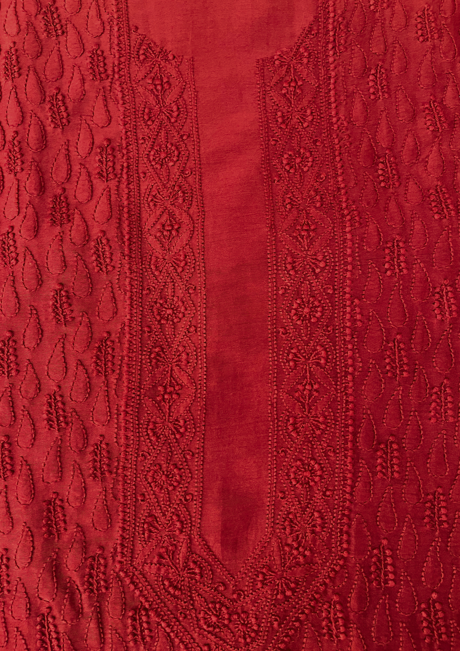 Chanderi Chikankari Unstitch Mens Kurta - Red