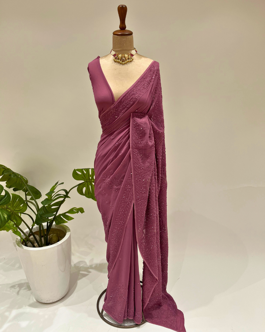 Chikankari Viscose Saree - Light Plum