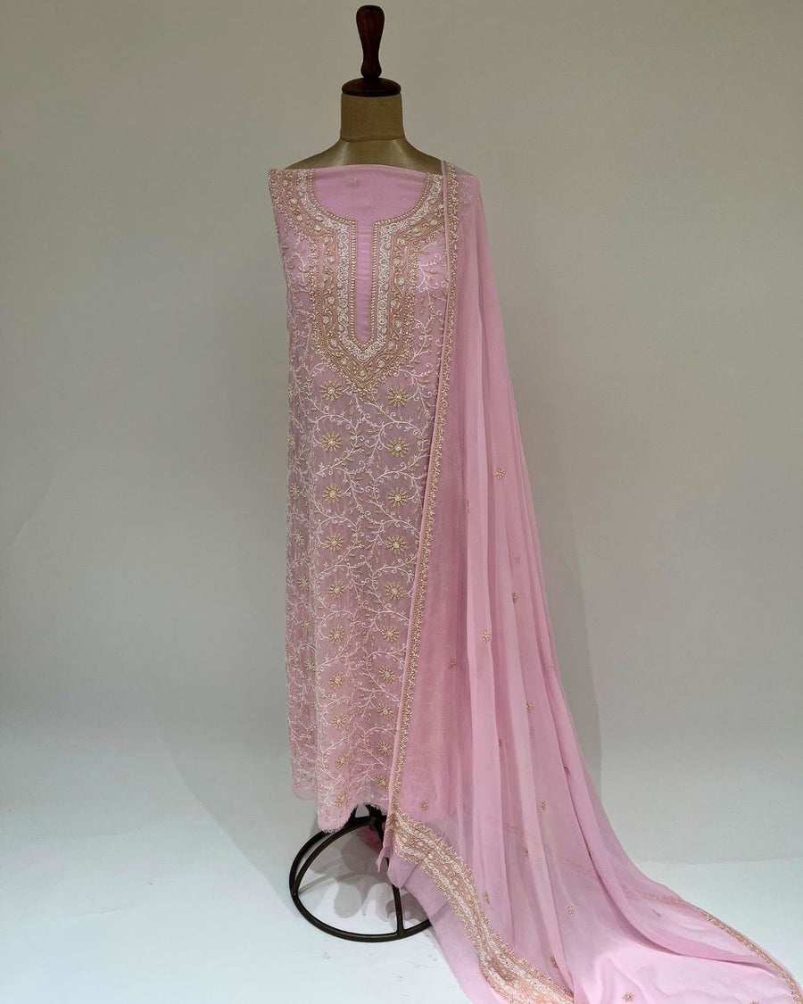 Pure Georgette Chikankari Unstitched 2pc Suit - Bubblegum Pink
