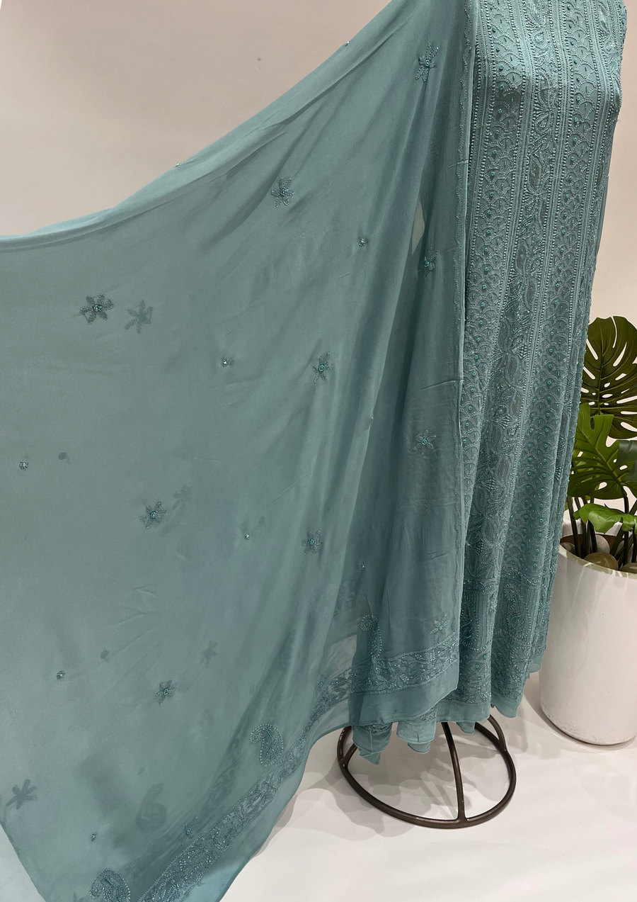 Viscose Chikankari Semistitched Anarkali - Teal