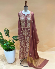 Chikankari Semistitched Tissue Straight Suit Set  - Rust