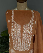 Mul Chanderi Chikankari Unstich 2pc suit - Rusty Orange