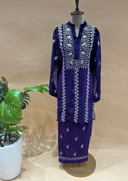Velvet Chikankari Semistitched Palazzo Set - Purple