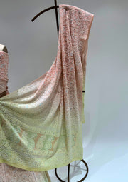 Pure Georgette Chikankari Unstitched Lehenga - Peach and Lime Green