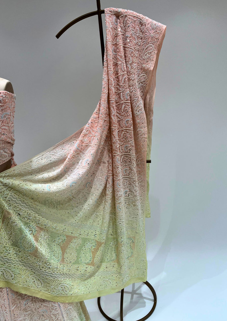 Pure Georgette Chikankari Unstitched Lehenga - Peach and Lime Green