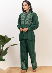 Chanderi chikankari coord set - emerald green