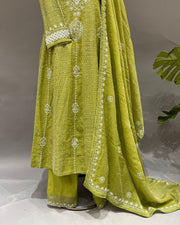 Tissue Chikankari 3pc Stitched Anarkali - Olive Green