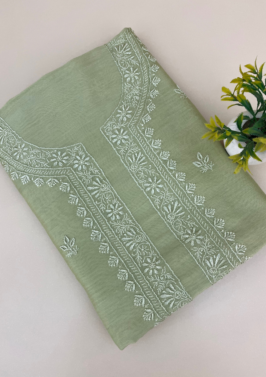 Chanderi Chikankari Unstitched Mens Kurta - Sage Green