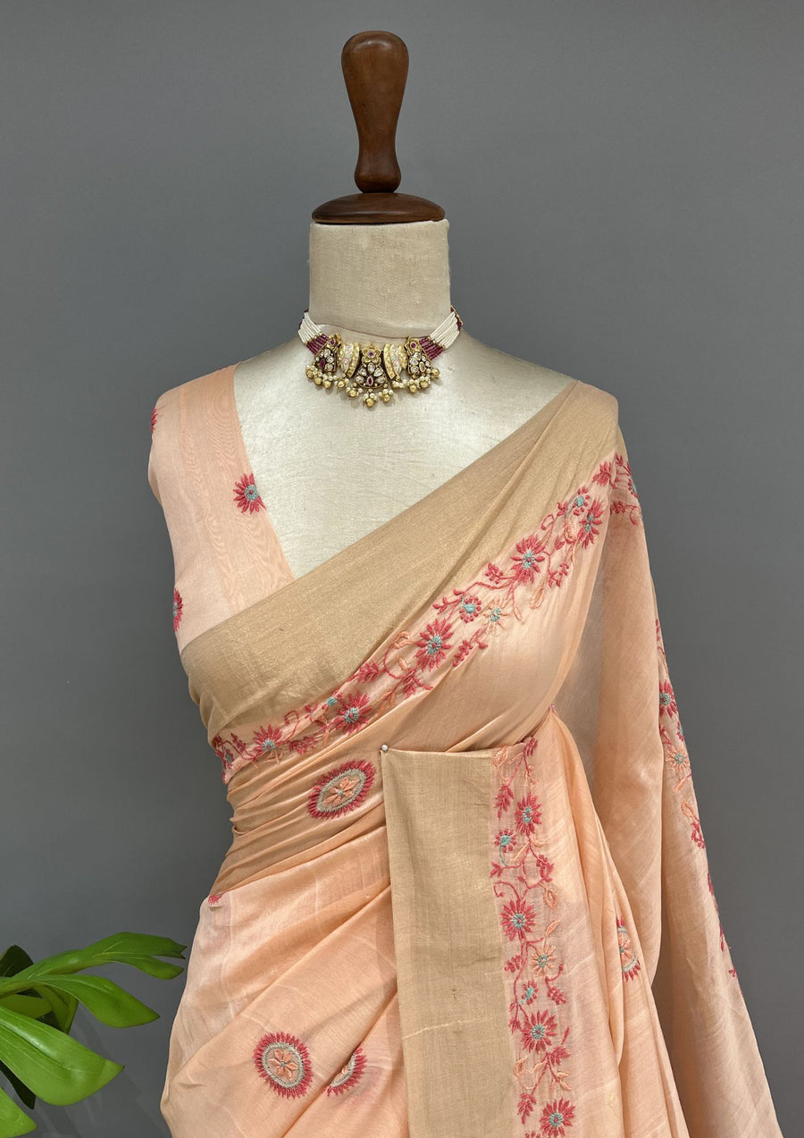 Chanderi Chikankari Saree - Carrot Orange