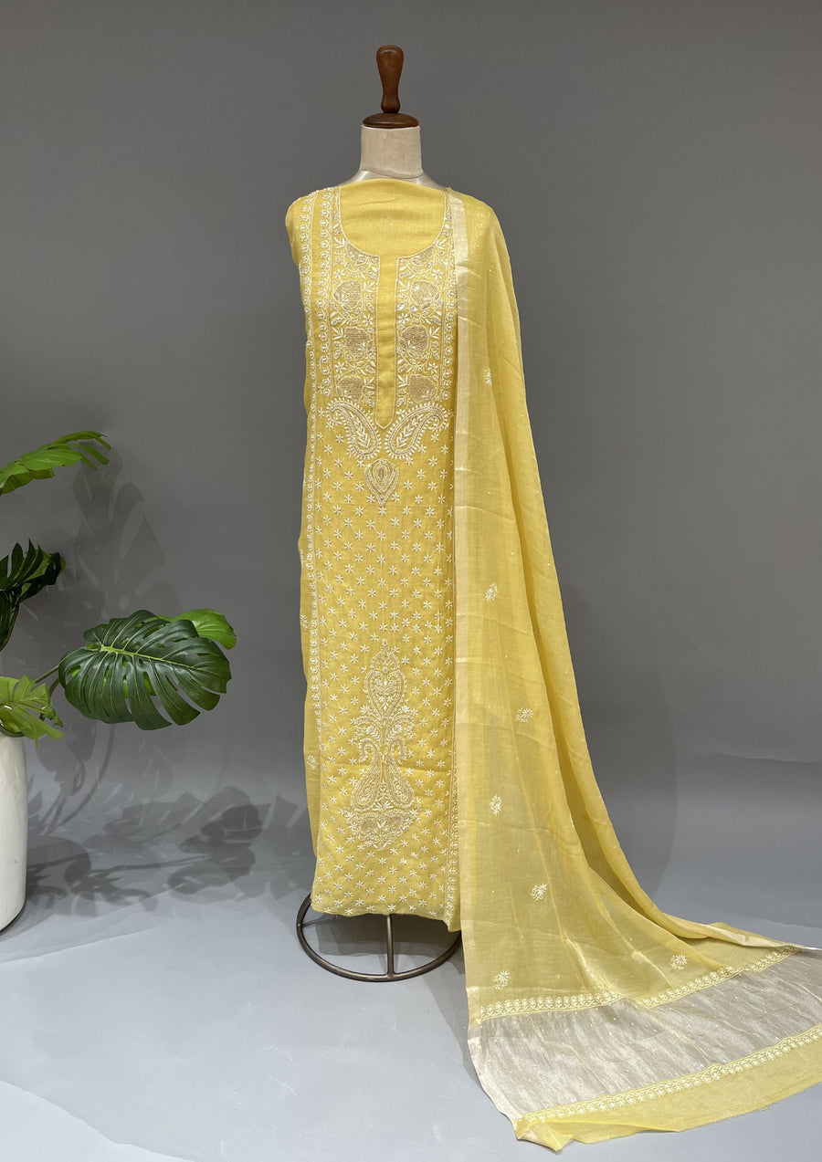Tissue Chikankari Unstitch 2pc Suit - Parmesan Yellow