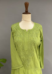 Cotton Chikankari Kurti - Tea Green