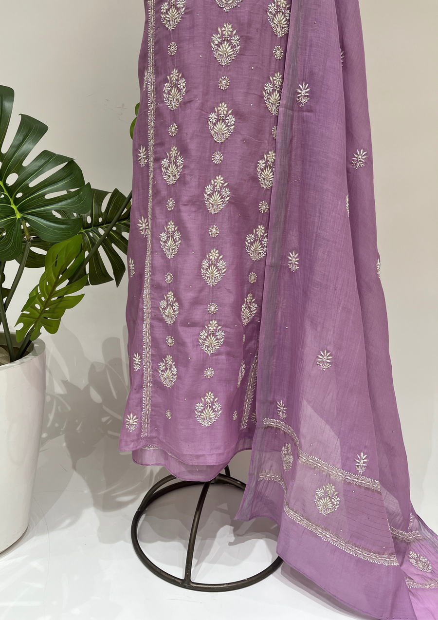 Mul Chanderi Chikankari unstitched Suit - Mauve