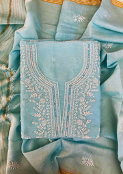 Unstitched aqua blue suit - mul chanderi