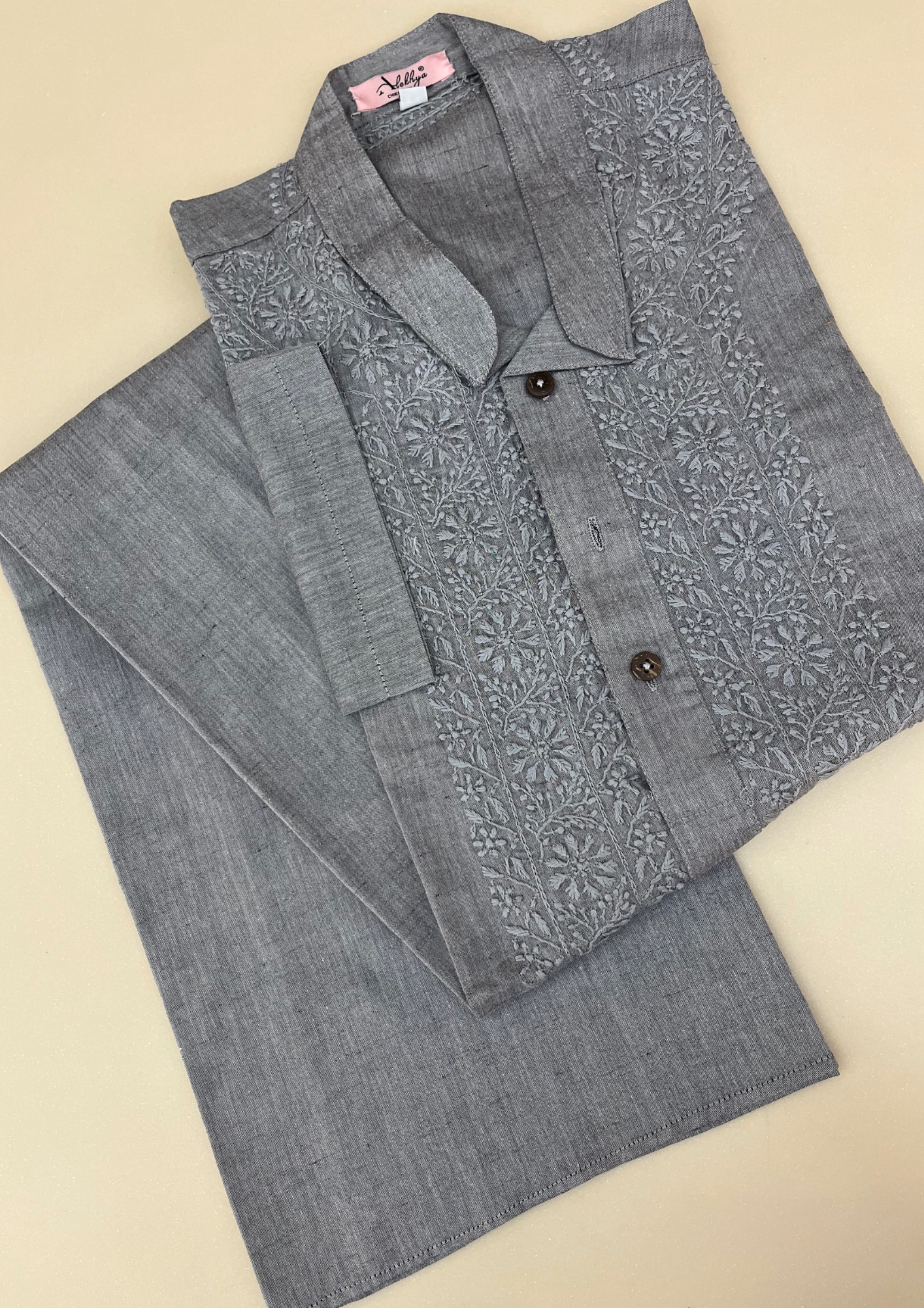Linen Chikankari Stitched Mens Kurta- Grey