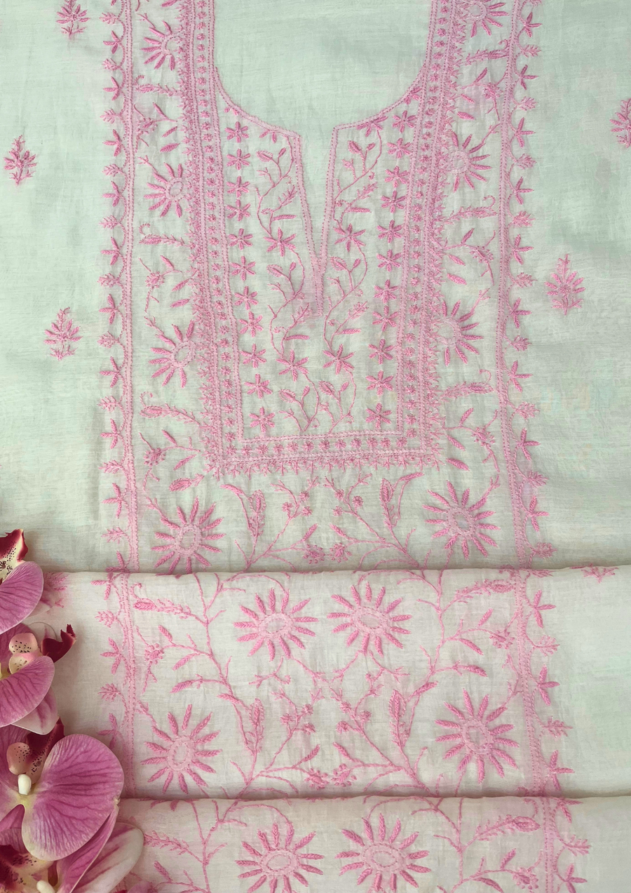 Chikankari Mul Chanderi Unstitched 2Pc Suit - White and pink