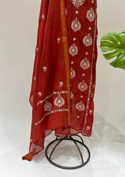 Mul Chanderi Chikankari Unstitched Suit - Blood Red