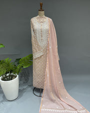Banarsi Chanderi Chikankari Semistitch 2pc Suit - Nude Pink