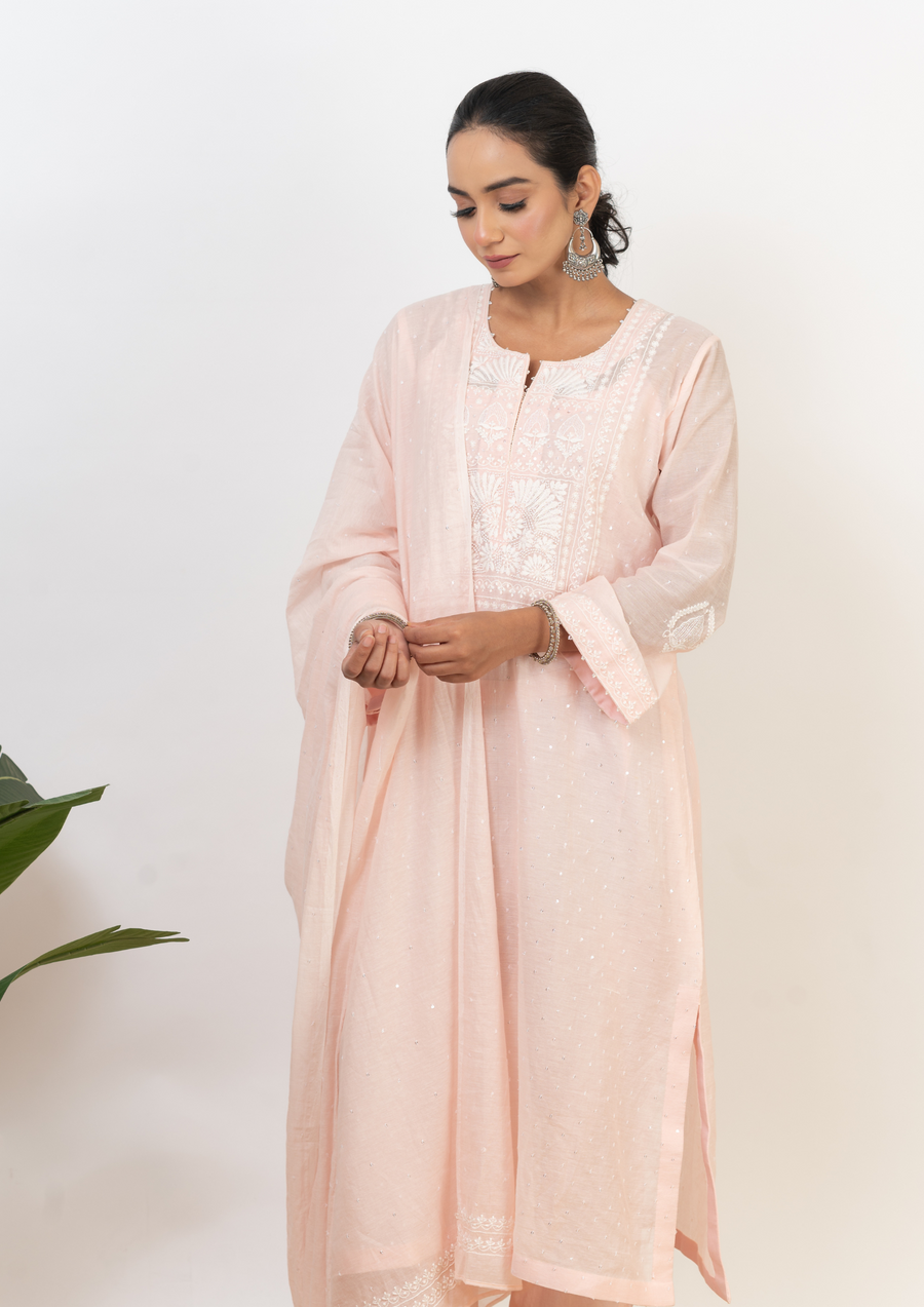 Mul Chanderi chikankari suit set - Salmon pink