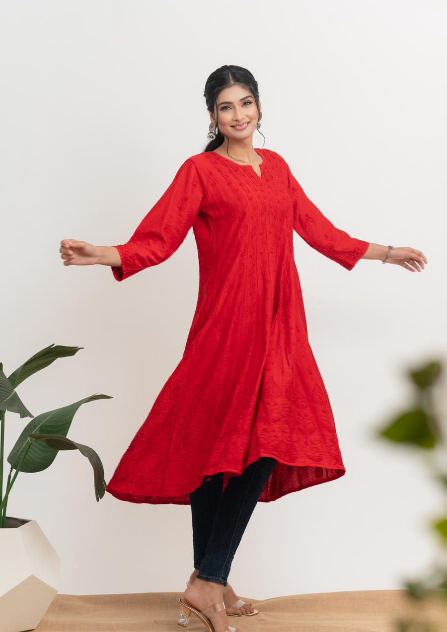 Chanderi Chikankari A-line Kurta - Red