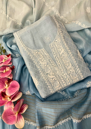 Chikankari Mul Chanderi Unstitched 2Pc Suit - Powder Blue