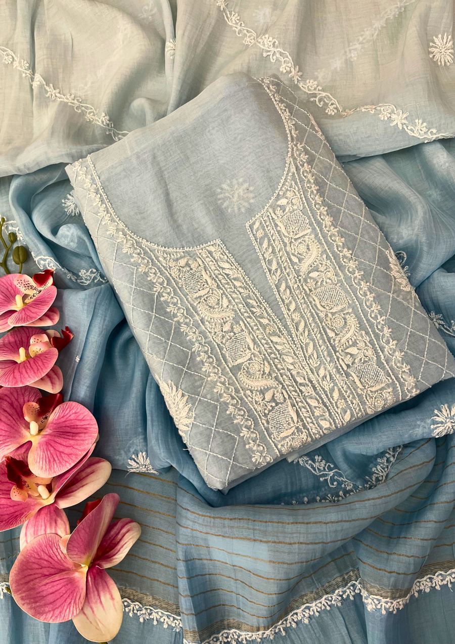 Chikankari Mul Chanderi Unstitched 2Pc Suit - Powder Blue