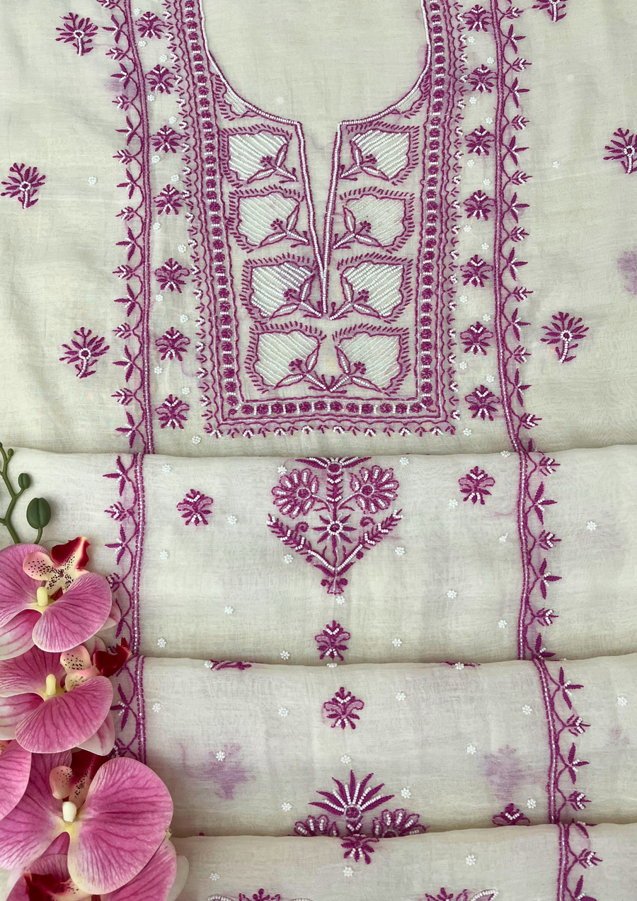 Chikankari Mul Chanderi Unstitched Suit - White and Plum